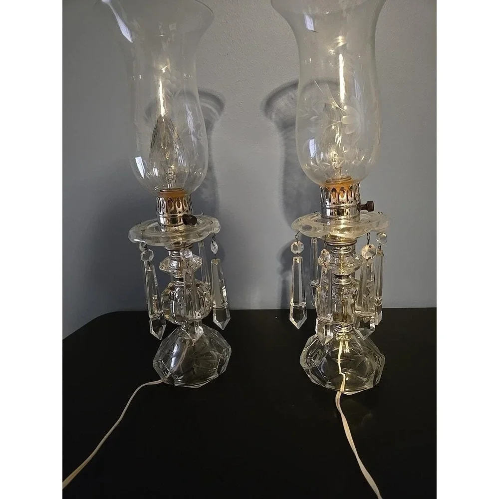 Pair of Etched Glass Boudoir Mantle Crystal Prisms Hurricane Table Lamps
